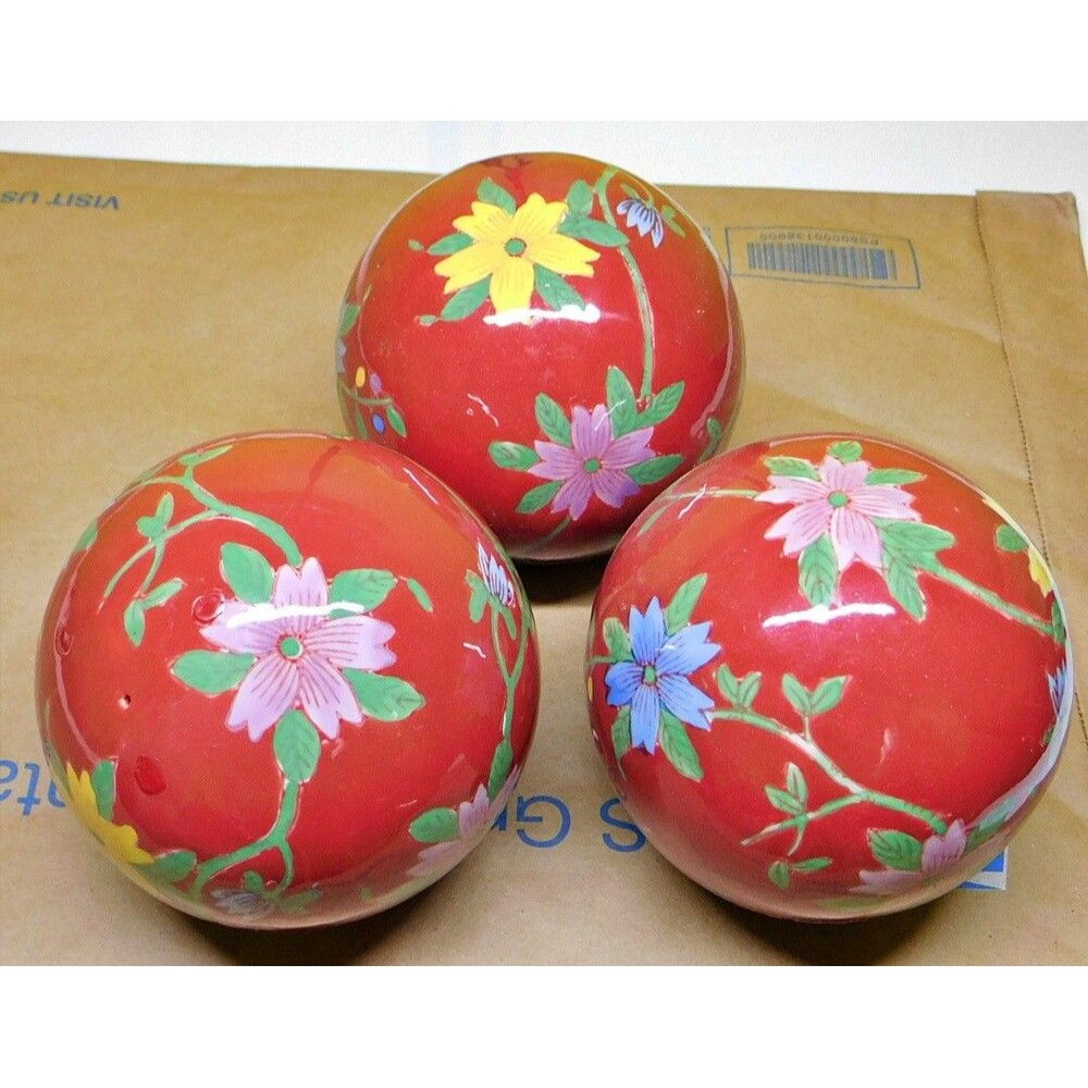 Vintage Hand Painted Ceramic Carpet Balls Set of 3 Red Multi Color Floral Orbs
